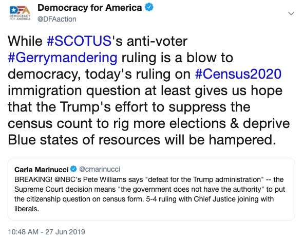 While #SCOTUS's anti-voter #Gerrymandering ruling is a blow to democracy, today's ruling on #Census2020 immigration question at least gives us hope that the Trump's effort to suppress the census count to rig more elections & deprive Blue states of resources will be hampered.