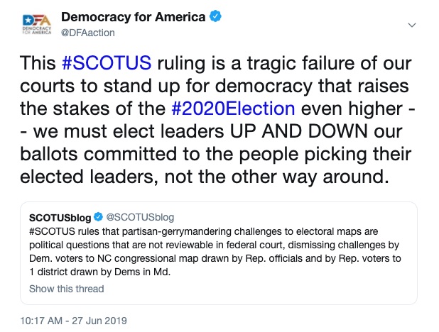 This #SCOTUS ruling is a tragic failure of our courts to stand up for democracy that raises the stakes of the #2020Election even higher -- we must elect leaders UP AND DOWN our ballots committed to the people picking their elected leaders, not the other way around.